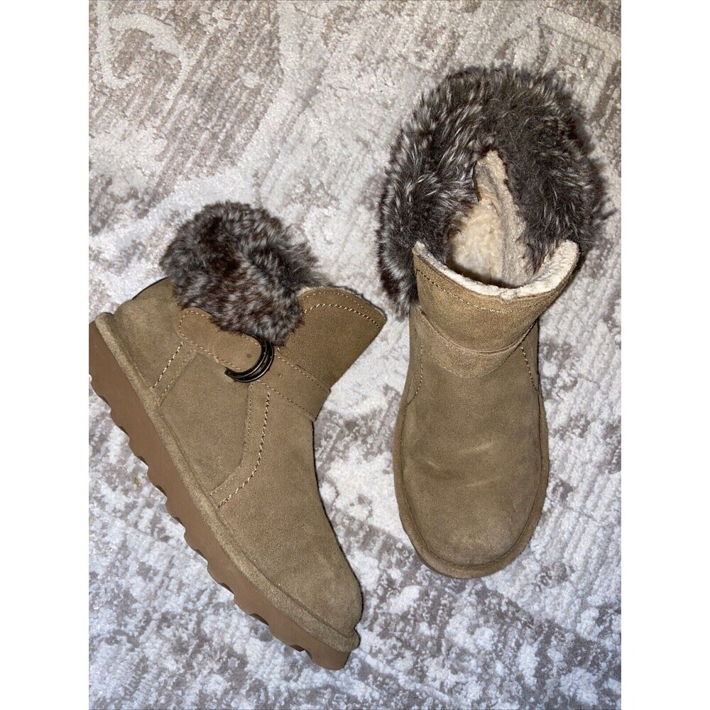 Bearpaw Women Boots Sz 9 Suede Konnie Faux Fur Trim Hickory Comfort Soft Lining